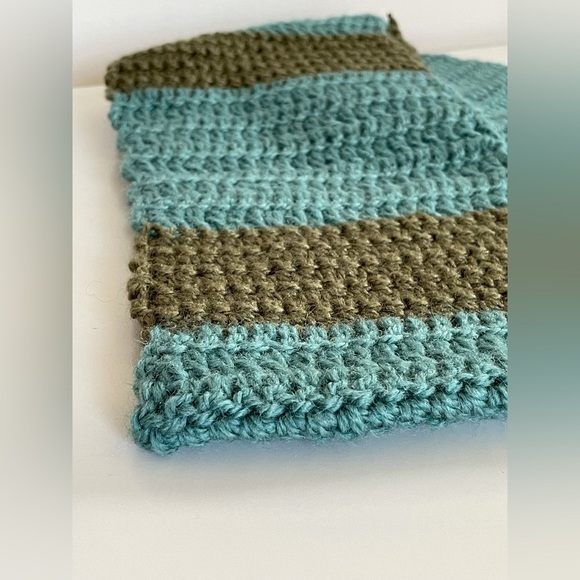 Handmade Crochet Infinity Teal and Olive Green Stripe Scarf - Picture 9 of 14